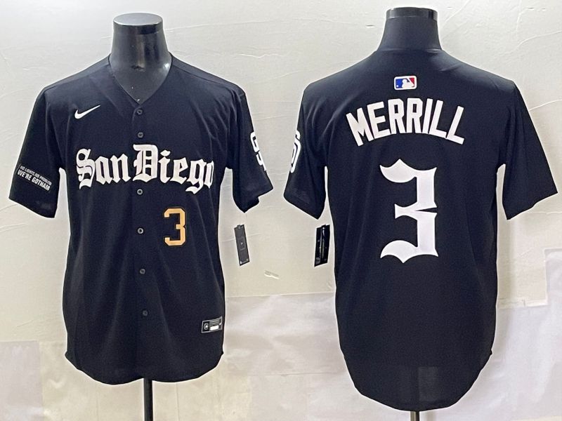 Men 2025 San Diego Padres #3 Merrill Black Five generations Joint Name Nike MLB Jersey style 7